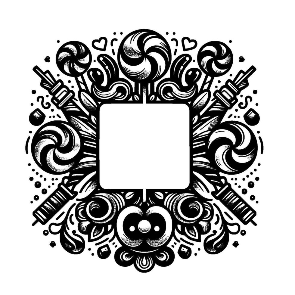 Ornate black and white illustration of a symmetrical confectionery frame with swirl lollipops, blank center, and decorative elements. vector