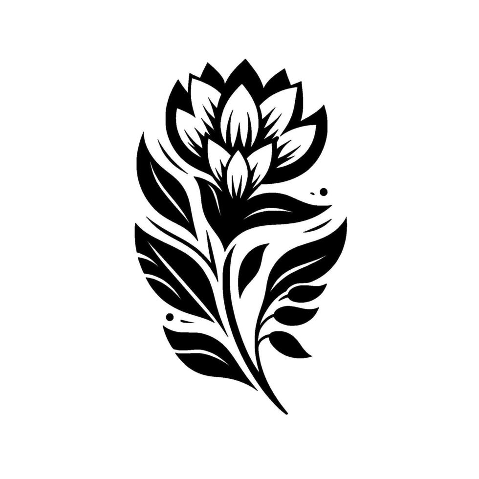 Intricate Black and White Floral Illustration A symmetrical stylized lotus blossom with detailed leaves, stem, and delicate dark accents, perfect contrast. vector