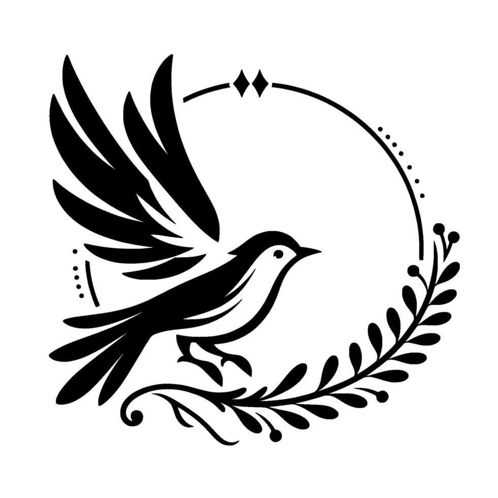 Minimalist Black and White Bird with Open Wings, Perched on a Branch Within a Decorative Circular Frame. vector