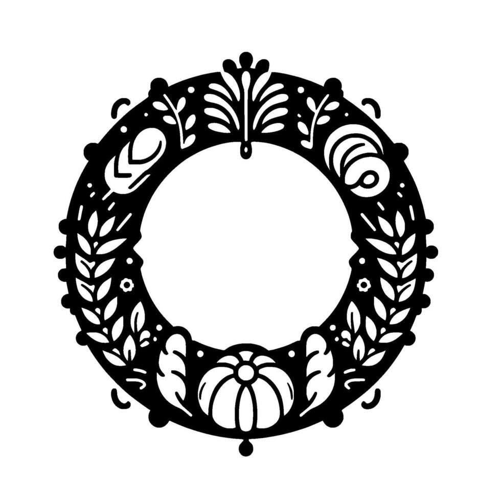 Ornate Black and White Floral Wreath with Decorative Botanical Elements and a Central Blank Circle, Minimalist . vector