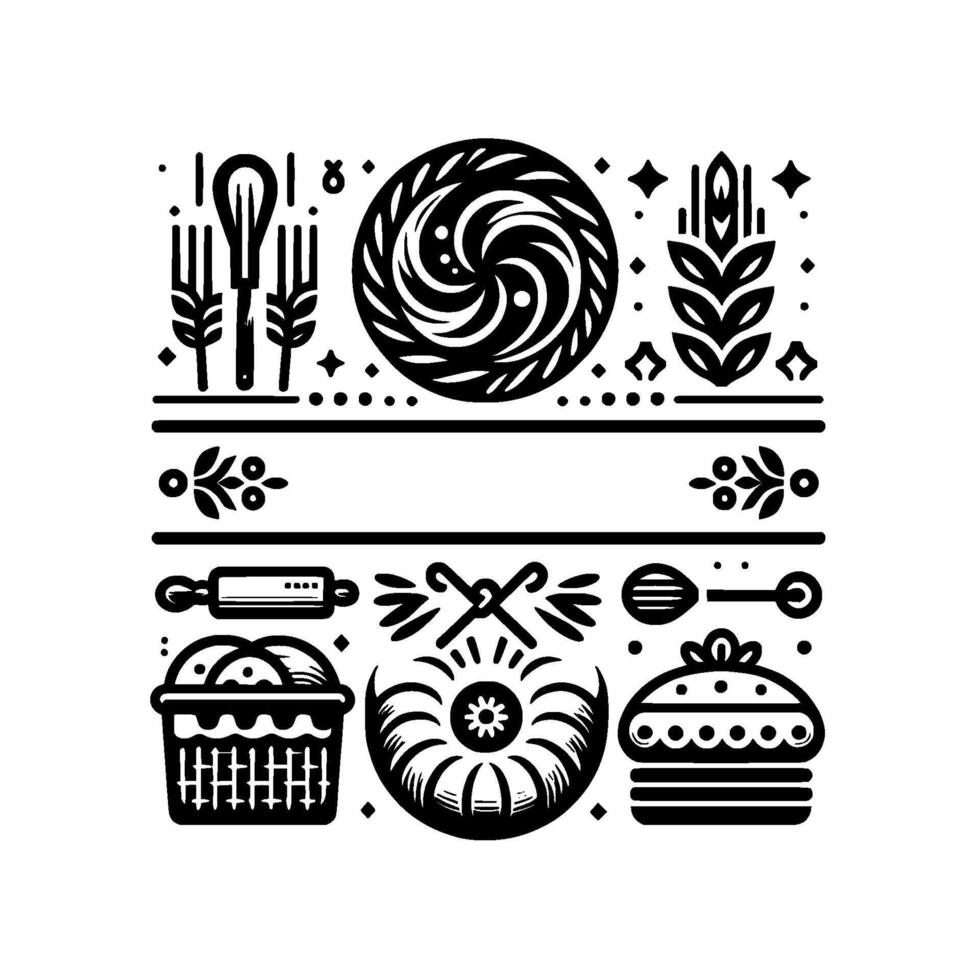 Black and white illustration featuring bakingthemed icons, arranged in a decorative, symmetrical pattern, including whisk, wheat, cakes, and other kitchen tools. vector