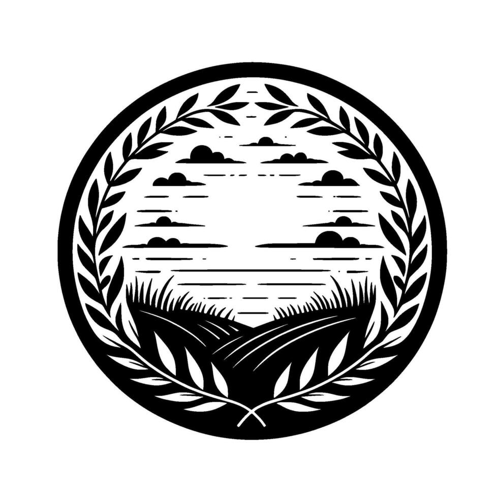 Black and white circular landscape illustration featuring fields, stylized clouds, and a leafy wreath border, evoking a vintage feel. vector