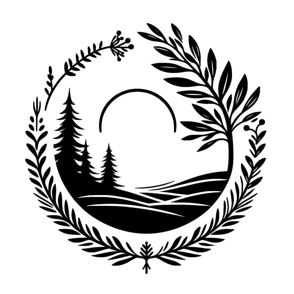 Circular Black and White Nature Illustration Forest Landscape, Decorative Foliage Frame, Minimalist . vector