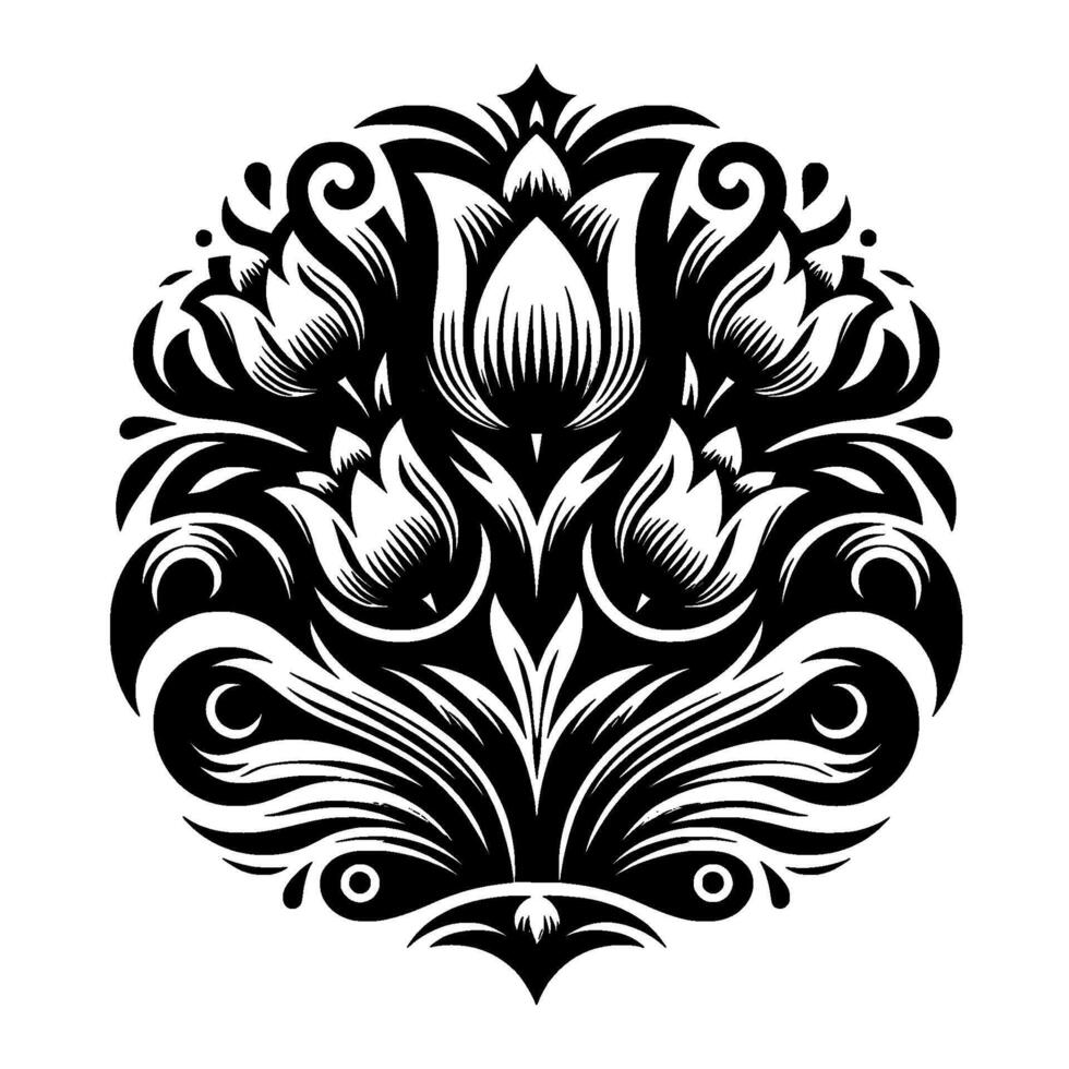 Intricate Black and White Floral Mandala Symmetrical Blossom with Leafy Flourishes, Geometric Precision and Bold Contrast. vector