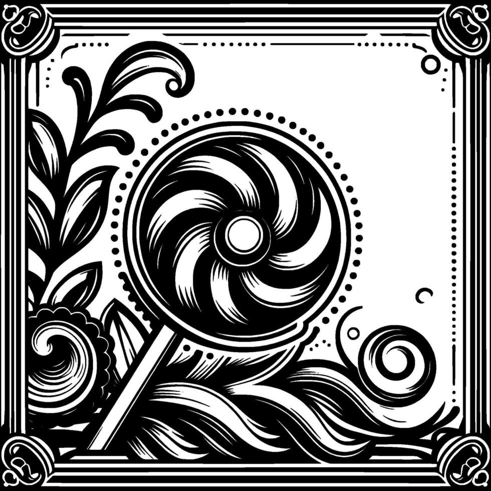 Intricate Black and White Illustration of a Swirling Lollipop and Floral Within a Decorative Border vector