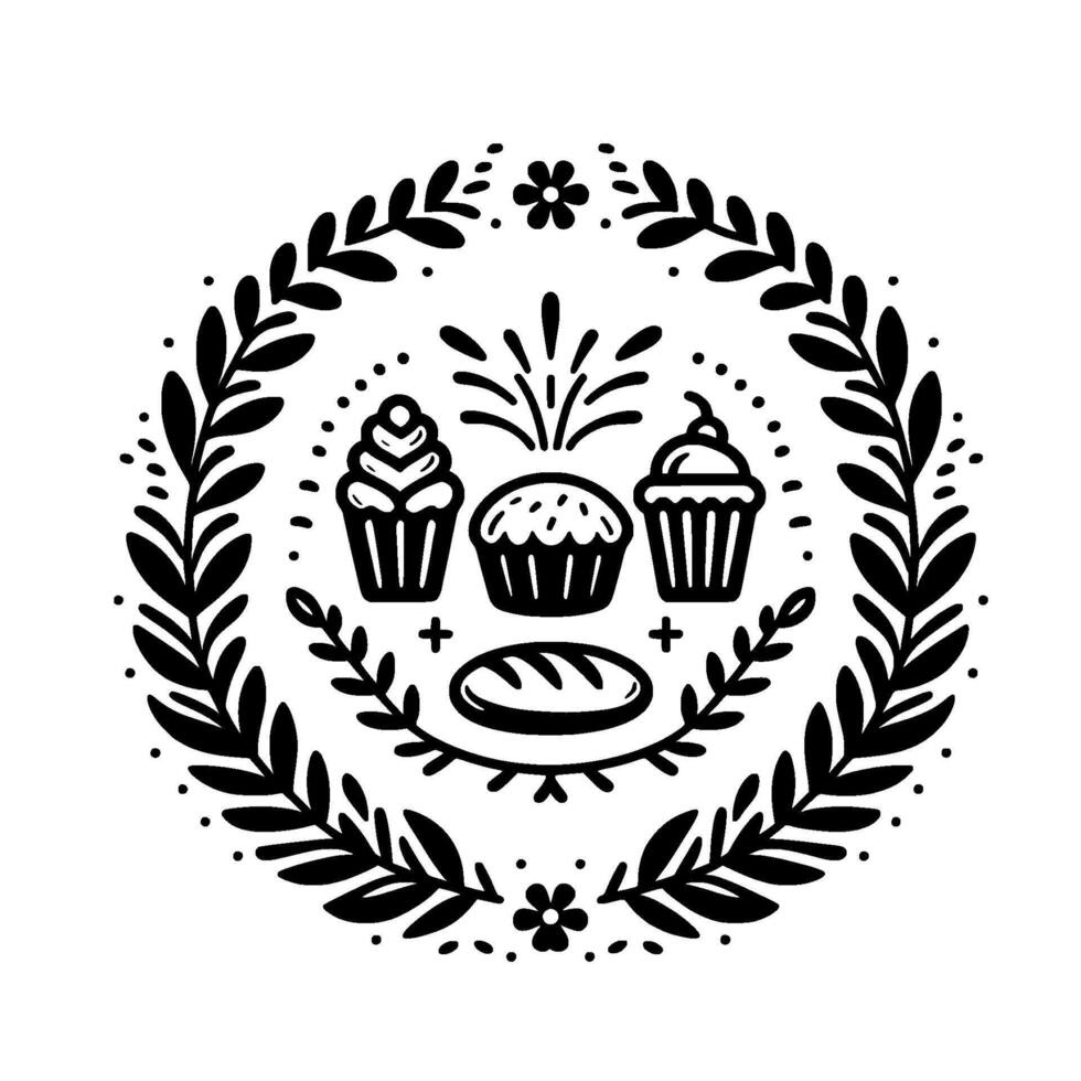 A black and white symmetrical illustration of baked goods cupcakes and bread encircled by an ornamental leaf wreath. vector