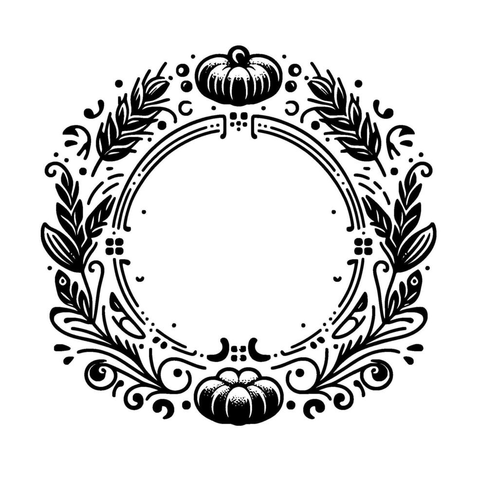 Black and white symmetrical illustrated wreath with pumpkins, leaves, and decorative flourishes, perfect for autumn or harvest themes. vector