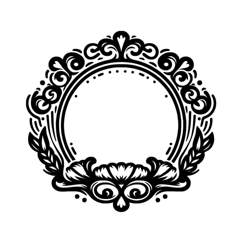 Ornate Black and White Circular Decorative Frame Border with Floral and Scroll Elements on White Background. vector