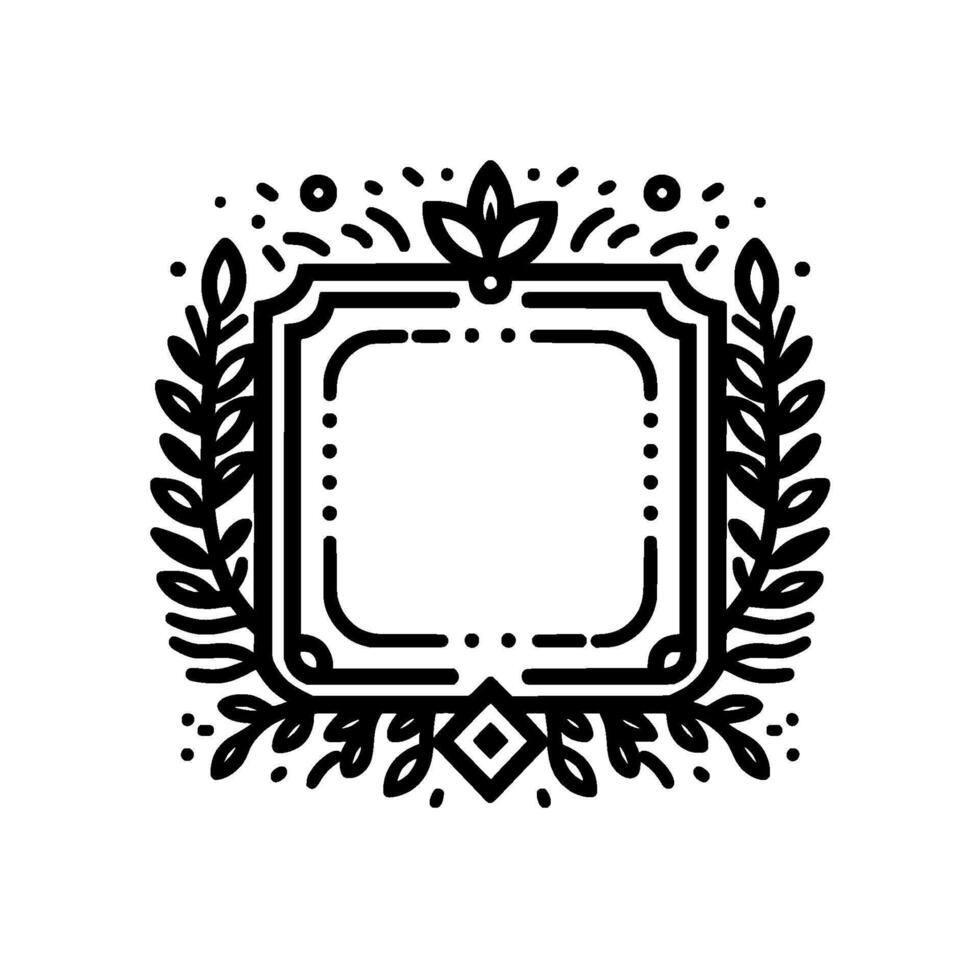 Ornate Square Frame with Botanical Elements A Black and White Illustration with Leaves, Dots, and Intricate Details. vector