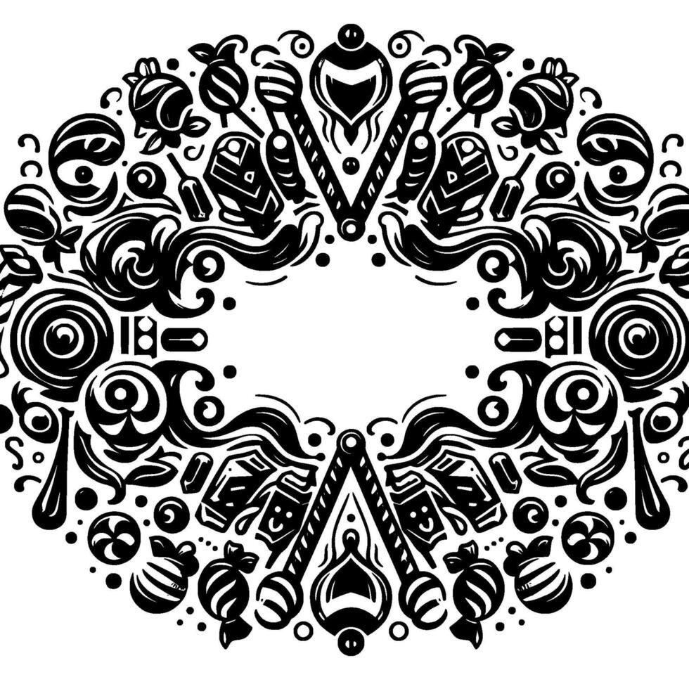 Symmetrical Black and White Ornamental with Candies, Bottles, and Geometric Elements Forming an Oval Frame. vector