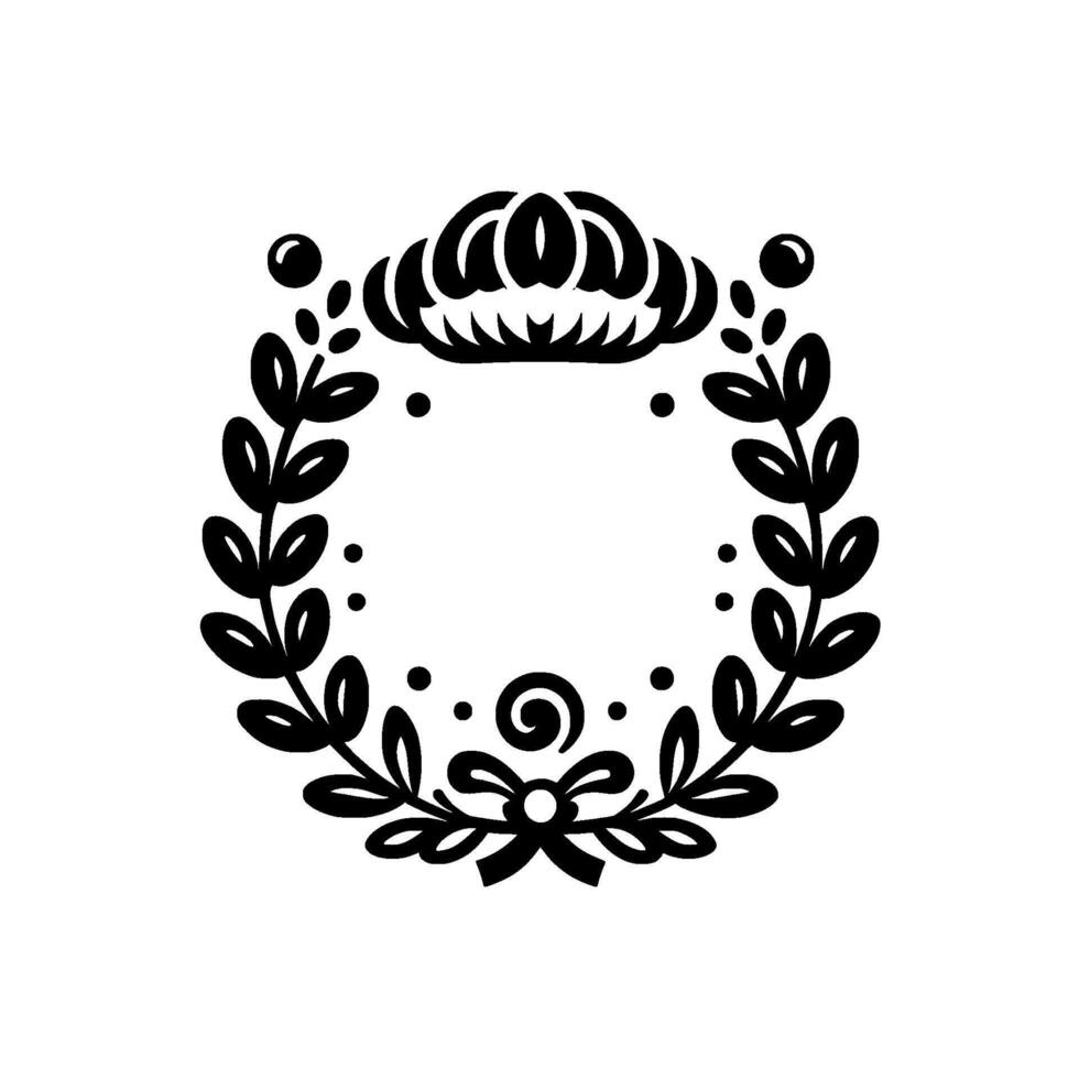 Elegant Black and White Laurel Wreath with Crown, Bow, and Dots, Embodying Classic and a Royal Feel. vector