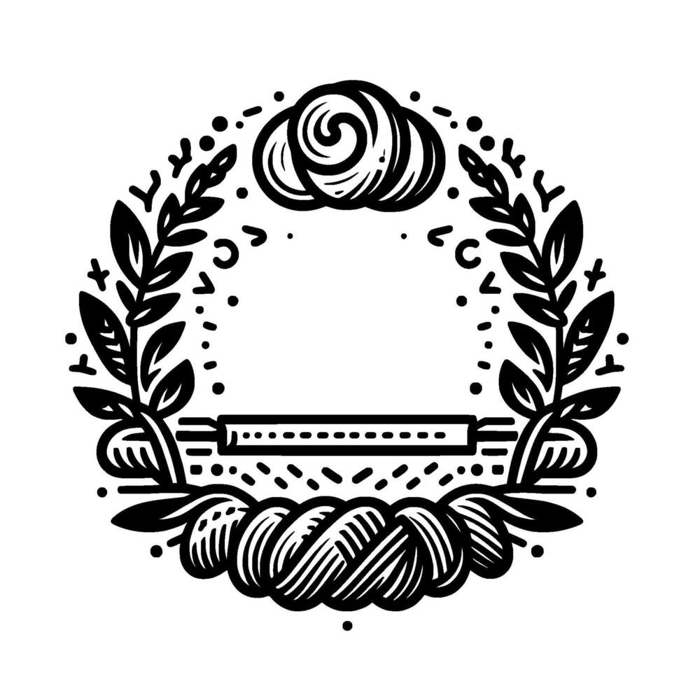 Elegant Black and White Emblem of a Bakery, Featuring a Twisted Loaf, Leaves, Rolling Pin, and Braided Dough, Forming a Decorative Circle. vector