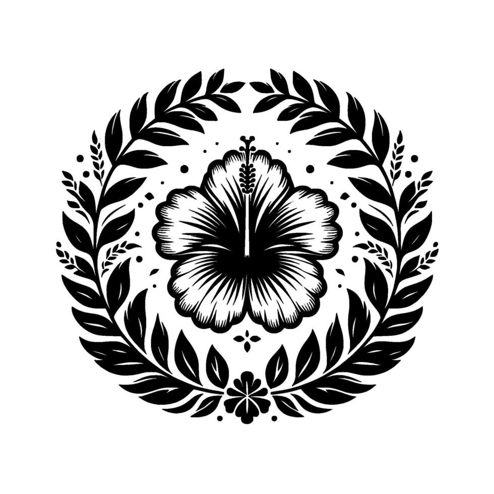 Intricate Black and White Botanical Illustration Hibiscus Flower and Foliage Wreath with Dot Accents on White Background vector