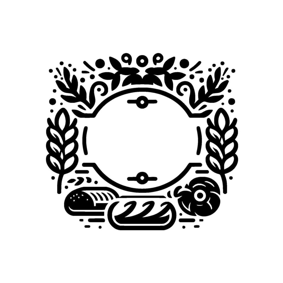 Elegant Black and White Bakery Emblem Oval Frame with Wheat, Leaves, Bread, and Flourish Designs. vector