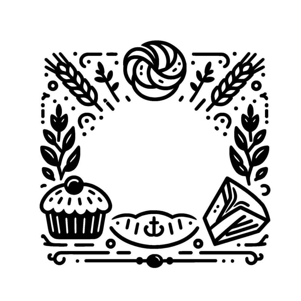 Black and White Bakery Frame with Wheat, Pastries, and Leafy Embellishments, Isolated on White. vector
