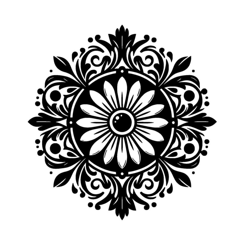 Ornate Black and White Circular Floral with a Daisy Center, Leafy Flourishes, and Geometric Symmetry on a White Background. vector