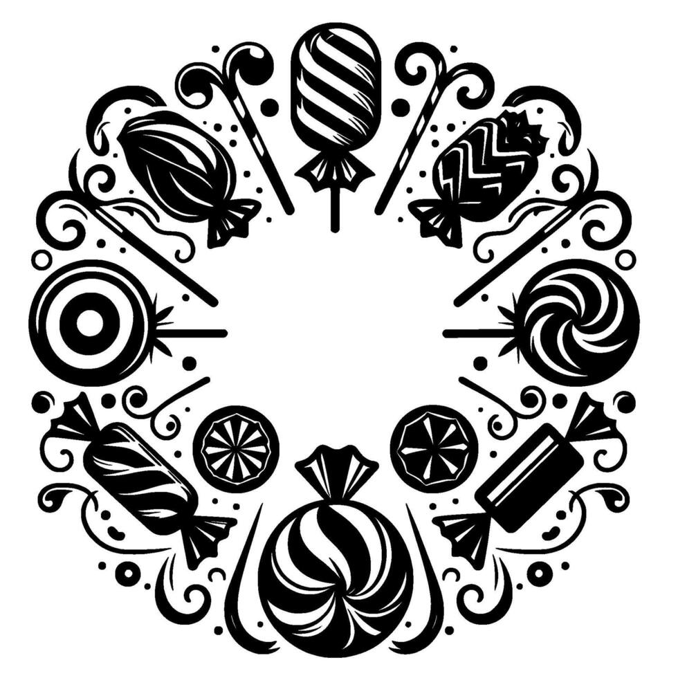 A symmetrical, black and white candy arrangement, composed of various lollipops, hard candies, and wrapped sweets, forming a circular decorative pattern on a white background. vector