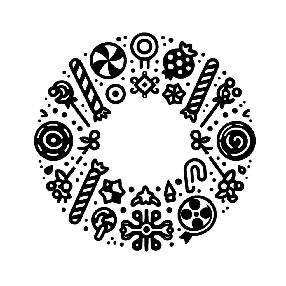 Black and white circular featuring a wreath of various candies and sweets, perfect for celebratory or branding. vector