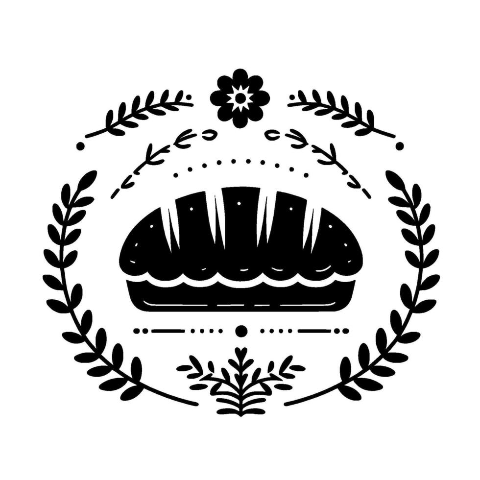 Black and white folk art of loaf of bread surrounded by floral and plant decorative wreath elements. vector