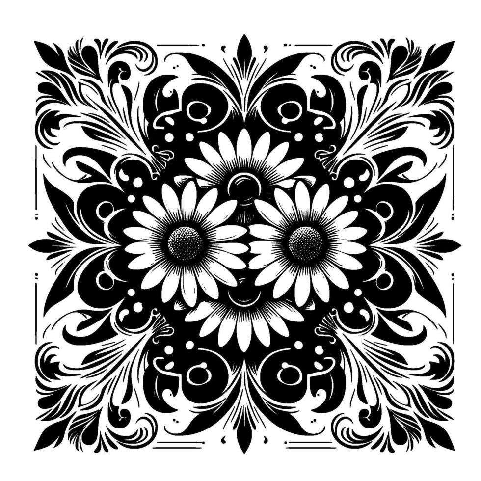 Intricate Black and White Floral Mandala with Daisies, Leaves, and Ornate Scrollwork , Symmetrical, Detailed Pattern. vector