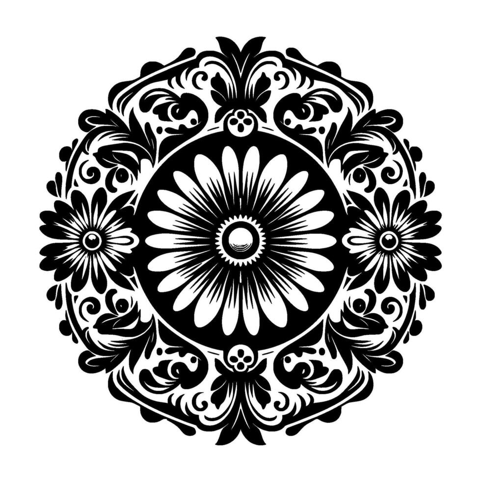 Ornate Black and White Floral Mandala with Central Daisy and Decorative Swirls, Symmetrical and Detailed on White Backdrop. vector