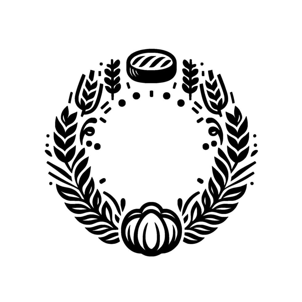 Minimalist Black and White Wreath Featuring Bread, Wheat, and Pumpkin with a Simple, Classic, and Elegant Aesthetic. vector