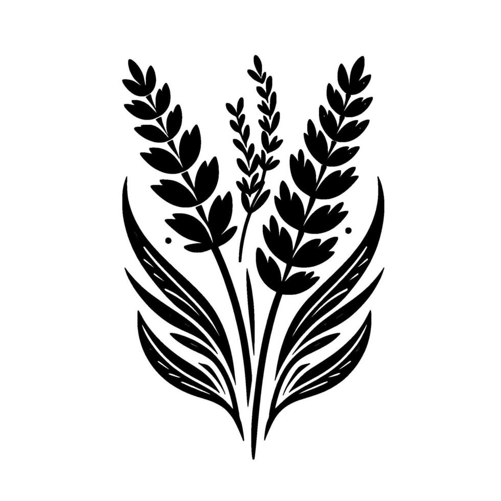 A stylized monochromatic floral arrangement, featuring wheatlike sprigs with dense, geometric leaves, set against a pristine white background, showcasing a art aesthetic. vector