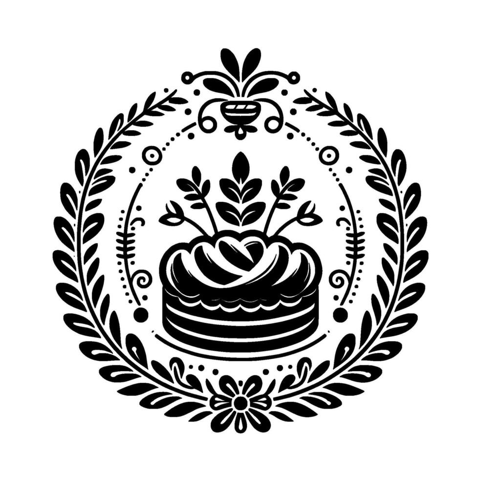 Detailed black and white floral wreath with a tiered cake adorned with leaves, perfect for invitation or elements. vector