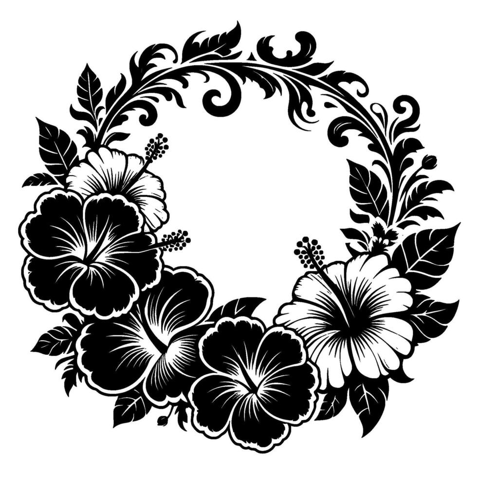 Elegant Black and White Floral Wreath , Featuring Hibiscus Flowers and Decorative Foliage in a Symmetrical Arrangement. vector
