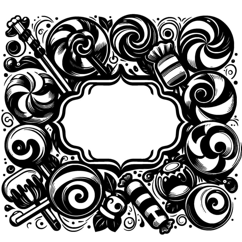 Whimsical Black and White Candy Frame A Swirling Lollypop and Sweet Treats Border Surrounding an Ornate Blank Space for Text. vector