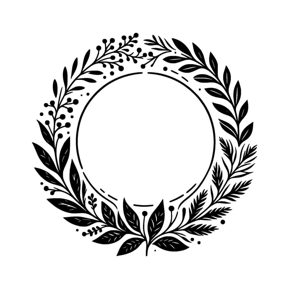 Elegant Black and White Floral Wreath with a Circular Frame on a White Background Botanical . vector