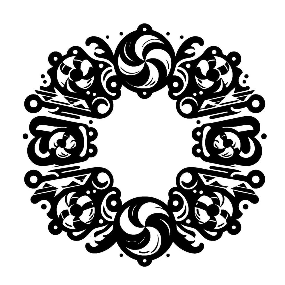 Abstract black and white circular ornament featuring stylized spiral and floral elements arranged symmetrically. vector