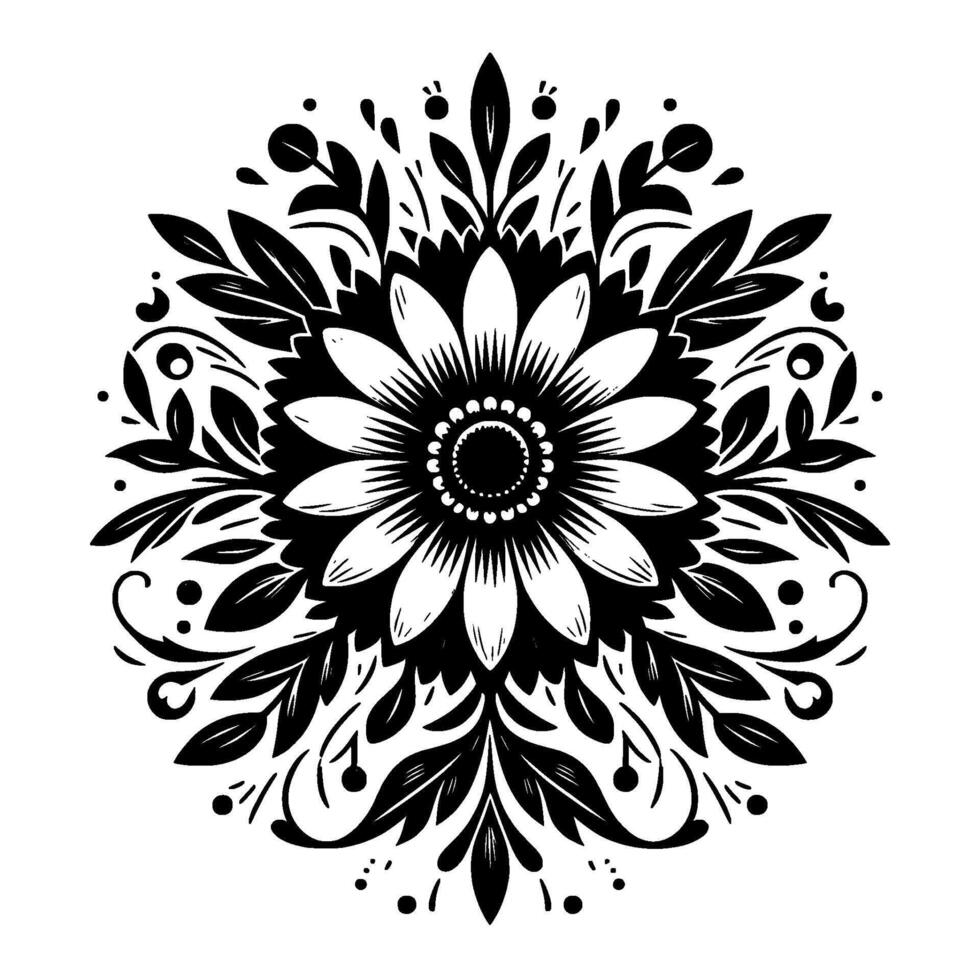 Intricate black and white floral mandala with detailed petals, leaves, and circular patterns on white. vector