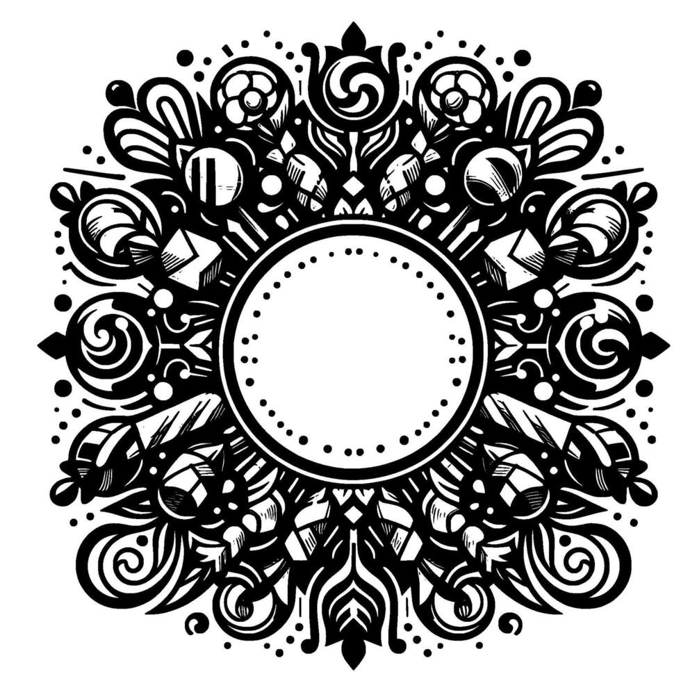Intricate Black and White Circular Ornamental with a Central Blank Circle, Detailed Floral and Geometric Patterns. vector