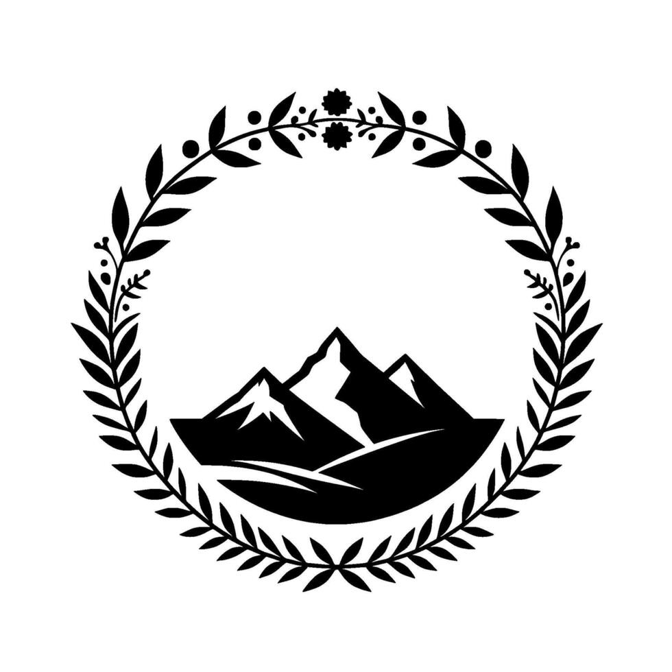 Black and White Emblem A Mountain Range Nestled in a Floral Wreath, Capturing Natures Beauty in Minimalist . vector
