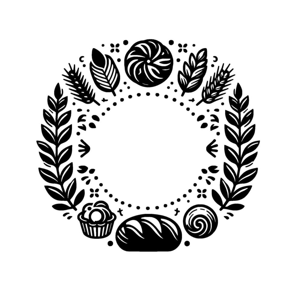 Black and White Bread Bakery Wreath, Wheat Flour Emblems, Minimalist , Round Border, Bakery vector