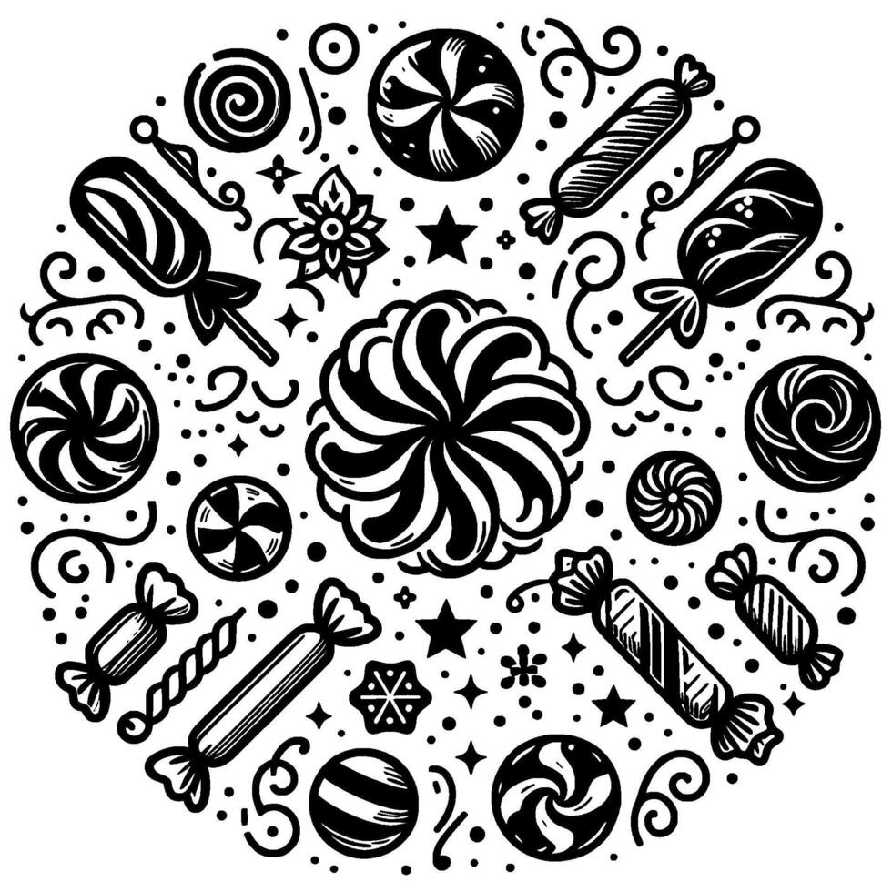 Decorative black and white circular pattern featuring assorted candies, lollipops, swirls, and floral elements, creating a playful and festive . vector
