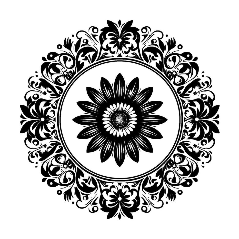 Elegant black and white floral mandala with intricate detail, featuring a central flower surrounded by ornamental foliage on a white background. vector