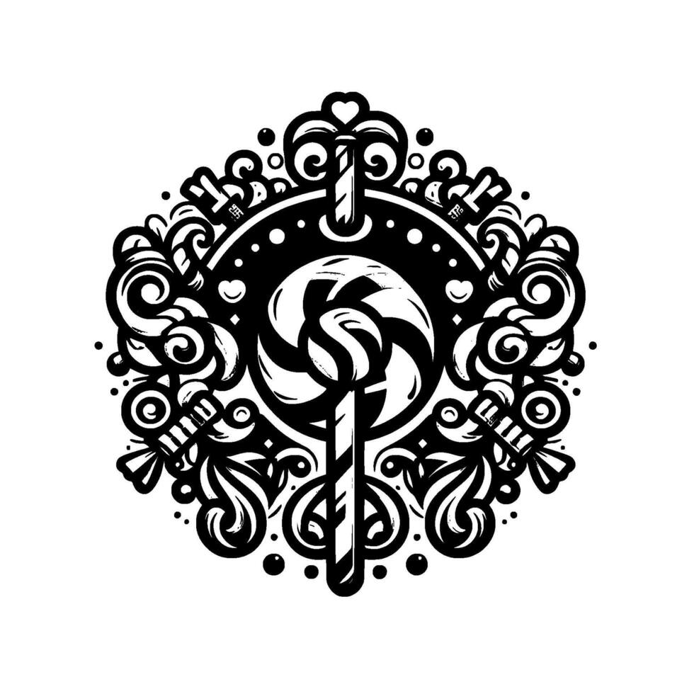 Intricate Black and White Candy Medallion Swirl Lollipop, Candies, and Ornamentation within a Circular Frame. vector