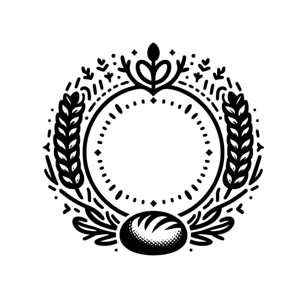 Decorative black and white emblem featuring a central dotted circle, wheat stalks, leaves, and a loaf of bread, suggesting a bakery or foodrelated brand. vector