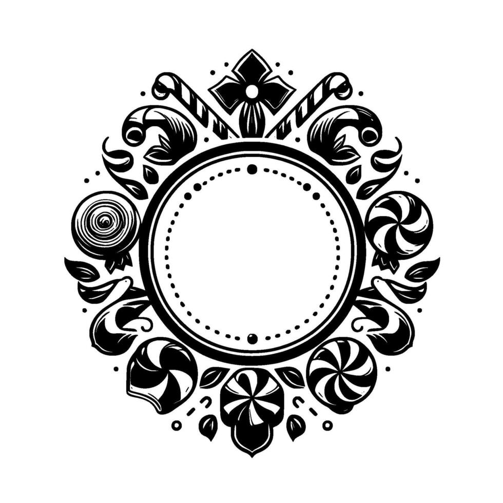 Intricate black and white circular candy emblem with lollipops, candy canes, and floral elements, perfect for a or . vector
