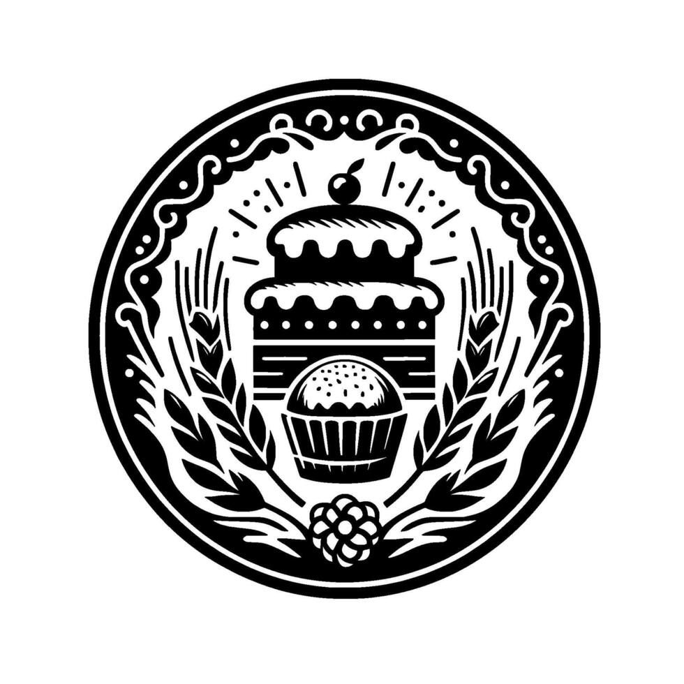 Black and white circular illustration, featuring a tiered cake and a cupcake, surrounded by wheat and decorative border. vector