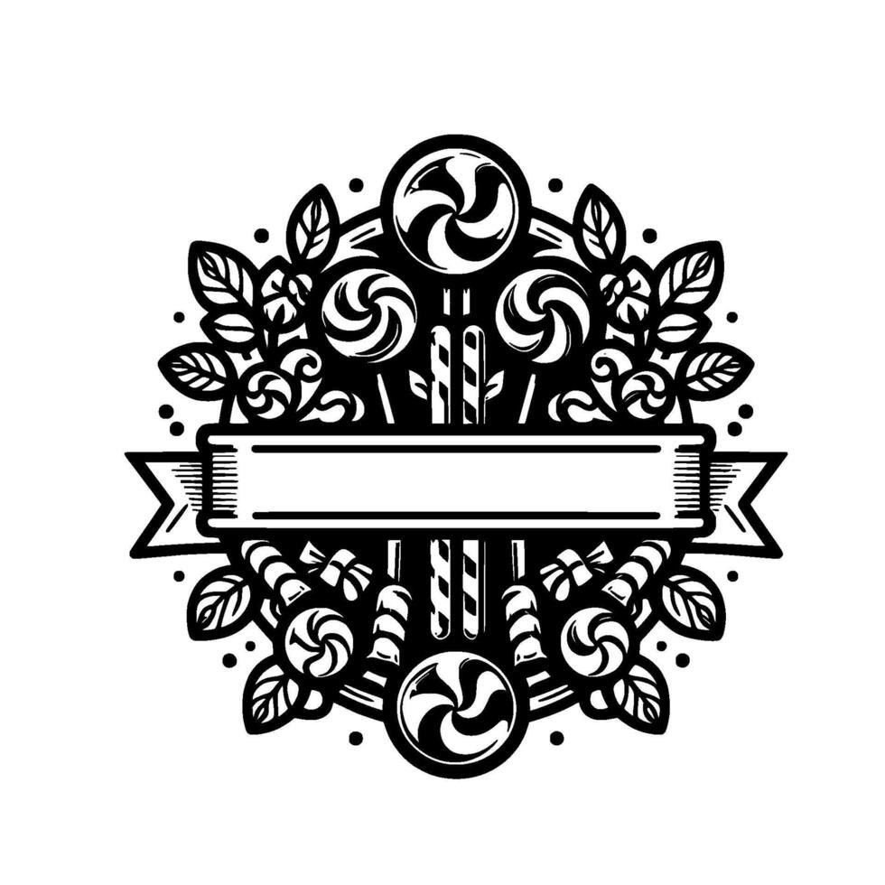 Elegant blackandwhite emblem featuring lollipops, candies, leaves, flowers, and a ribbon banner for text. vector