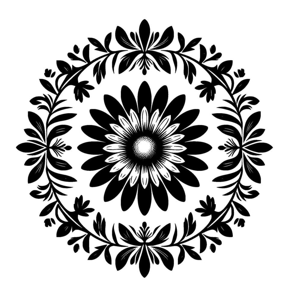 Intricate Black and White Floral Mandala with a central stylized daisy surrounded by an ornamental leafy border on a stark white backdrop, exhibiting symmetry. vector