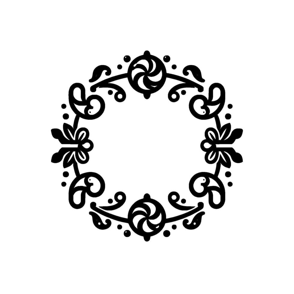 Intricate Black and White Circular Floral Ornament with Swirls, Leaves, and Dots on a White Background. vector