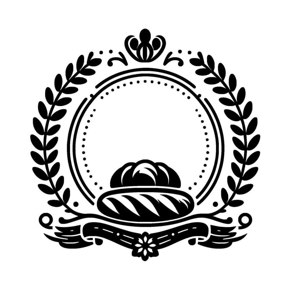 Elegant Black and White Bakery Emblem with Loaf of Bread, Laurel Wreath, Ribbon and Floral Elements. vector
