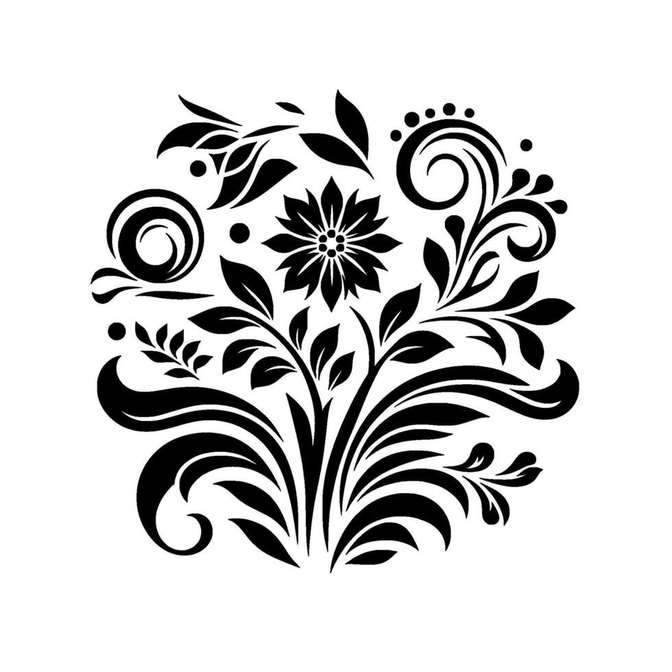 Elegant Black Floral on White Ornamental Composition with Swirls, Leaves, and a Central Flower vector