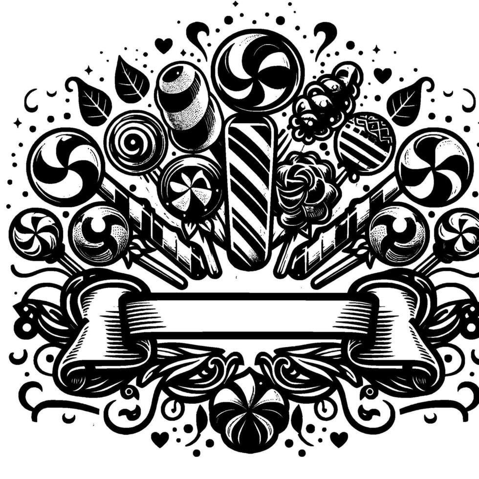 Intricate Black and White Candy Composition with Lollipop Array, Ribbon Banner, and Decorative Elements vector