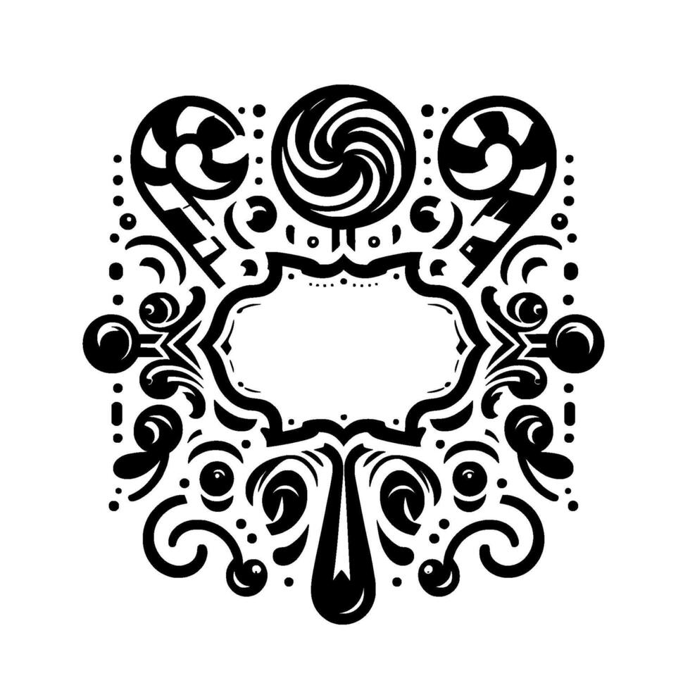 Monochromatic Illustration CandyThemed Decorative Frame with Lollipops, Swirls, and Ornate Black and White Elements for a Label. vector