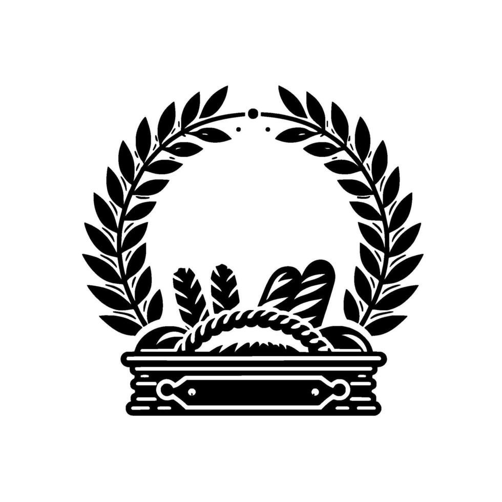 Symbolic Emblem WreathCrowned Basket of Breads, Wheat, and Flourish, a Vintage Monochromatic on White. vector
